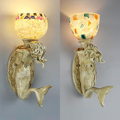 BowLift | Shell Bowl/Dome Wall Lamp Rustic Tiffany 1 Light Wall Sconce with Resin Mermaid in Beige
