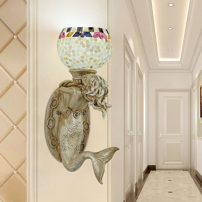 BowLift | Shell Bowl/Dome Wall Lamp Rustic Tiffany 1 Light Wall Sconce with Resin Mermaid in Beige