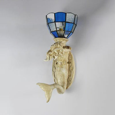 BowLift | Resin Mermaid Wall Scone Light with Gridded Glass Shade 1 Head Lodge Wall Mount Light in White/Blue