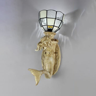 BowLift | Resin Mermaid Wall Scone Light with Gridded Glass Shade 1 Head Lodge Wall Mount Light in White/Blue