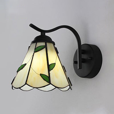 BowLift | Cone-shaped wall light with black curved arm traditional Tiffany wall light in white/beige for hallway