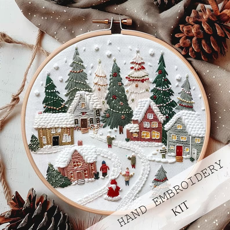 BowLift | Christmas Embroidery Kit | Winter Snowy Village Pattern | Beginner Craft Set with Hoop & Threads