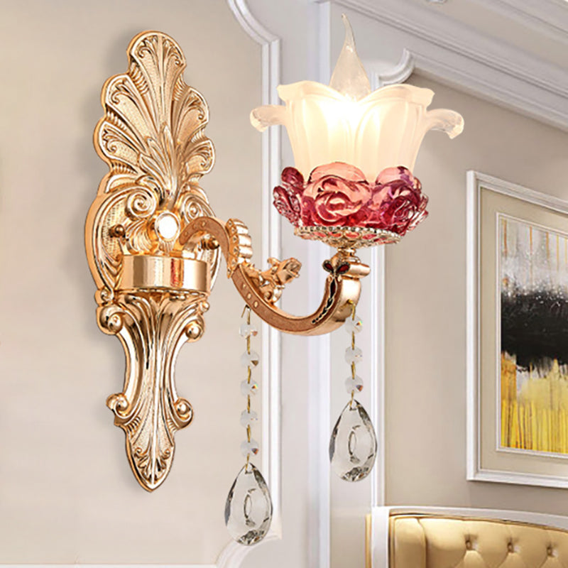 BowLift | Flower Milk Glass Wall Lamp Vintage Style 1/2-Light Brass Finish Wall Sconce with Clear Crystal Decoration