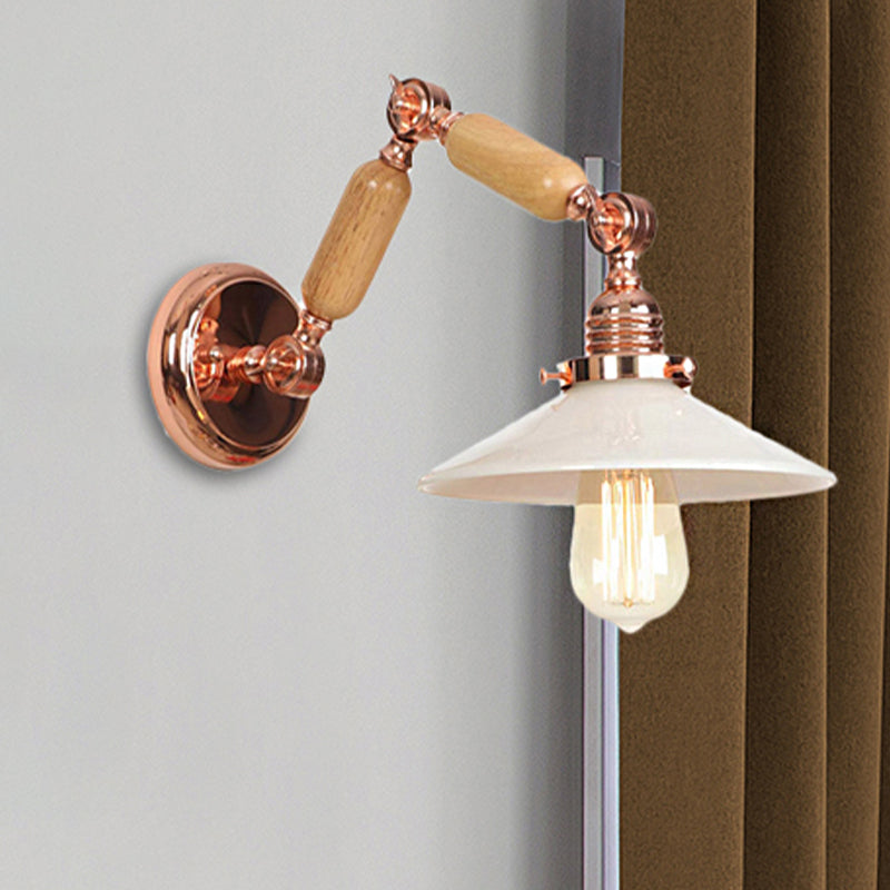 BowLift | White glass conical wall lamp industrial 1 light living room lighting fixture with retractable arm