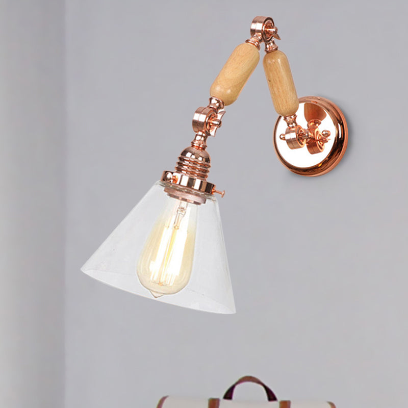 BowLift | Cone Shade Bedroom Wall Lamp Vintage Clear Glass 1 Light Wooden Wall Lamp with Long Arm