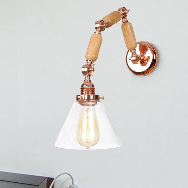 BowLift | A Pear Clear Glass Wall Light Industrial Gold Cone Living Room Wall Light with Curved Arm