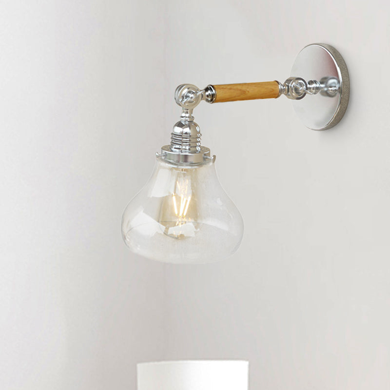 BowLift | Wood One Light Wall Lamp Vintage Clear Glass Pear Lighting Fixture for Living Room, 8"/4"/6" L Wooden Arm