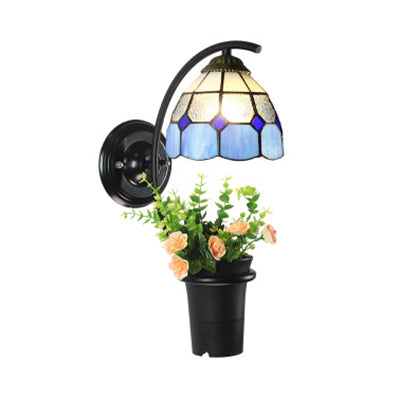 BowLift | Dome Wall Lamp Tiffany Colored Glass 1 Head Yellow/Clear/Blue Wall Lamp Fixture with Flower Decoration