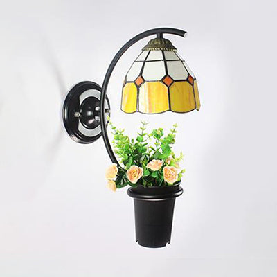 BowLift | Dome Wall Lamp Tiffany Colored Glass 1 Head Yellow/Clear/Blue Wall Lamp Fixture with Flower Decoration
