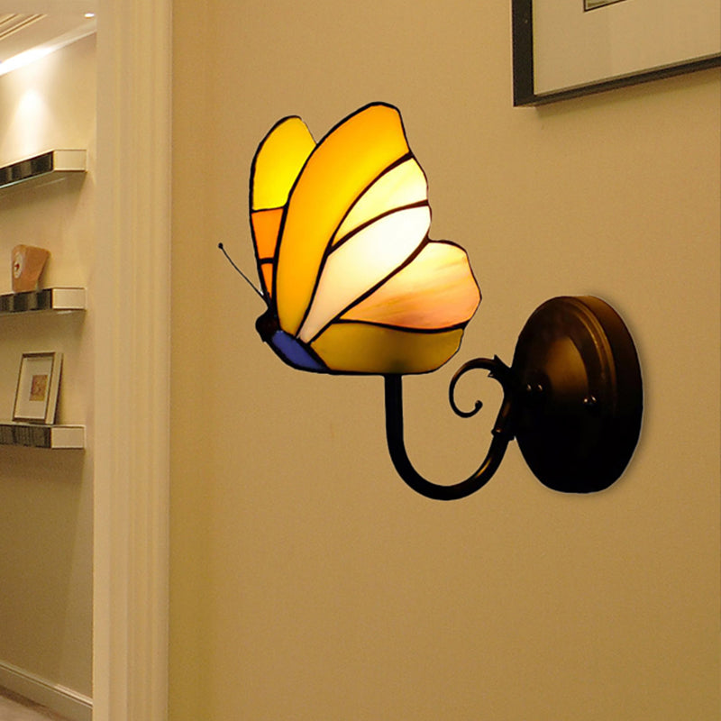 BowLift | 1 Light Butterfly Wall Lamp Rustic Lodge Stained Glass Decorative Wall Light for Bedroom