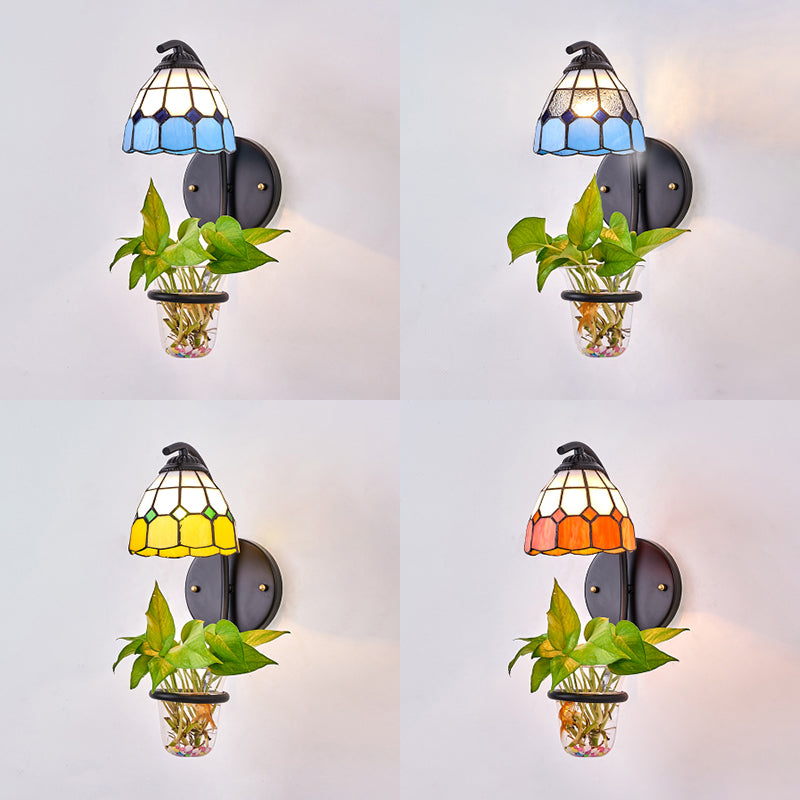 BowLift | 1 Head Grid Pattern Wall Mount Light Tiffany Yellow/Orange/Clear Mosaic Glass Wall Lamp with Plant Decoration