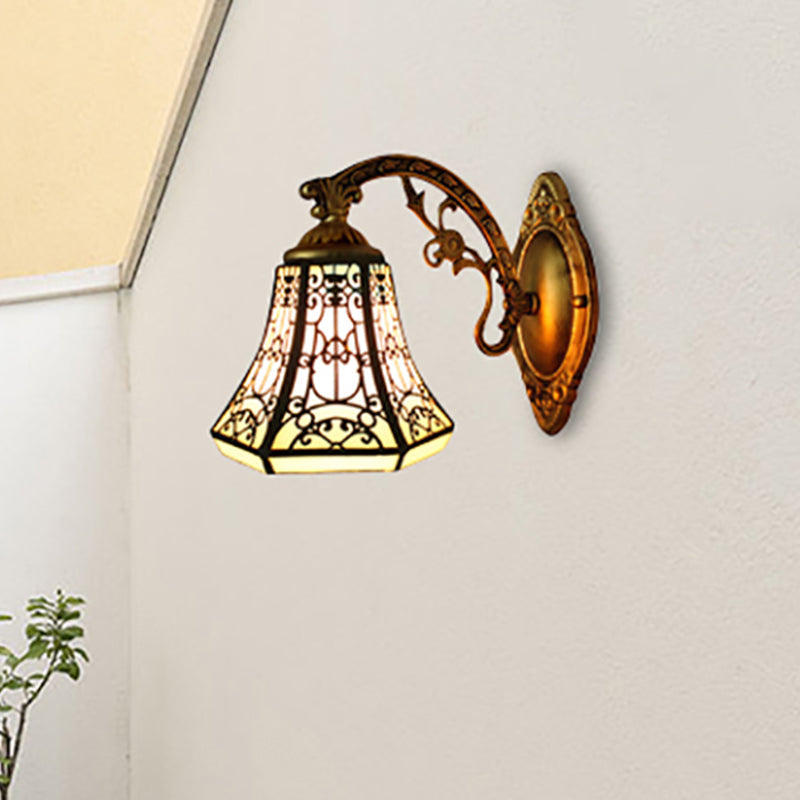 BowLift | Stained Glass Wall Lamp with Aged Brass Curved Arm 1 Light Lodge Wall Mount Lamp