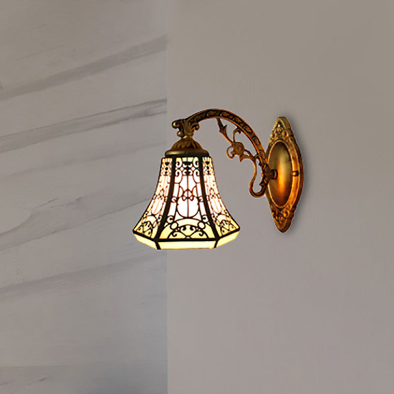 BowLift | Stained Glass Wall Lamp with Aged Brass Curved Arm 1 Light Lodge Wall Mount Lamp