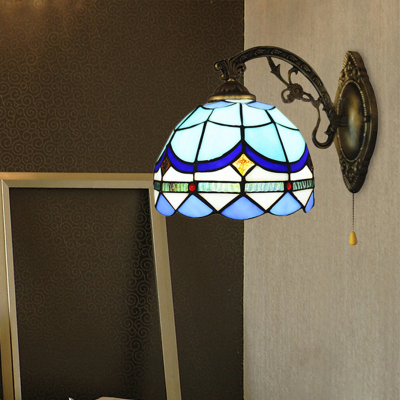 BowLift | 1 Light Dome Wall Lamp with Pull Chain Baroque Style Stained Glass Wall Lantern Light in Sky Blue/Navy Blue