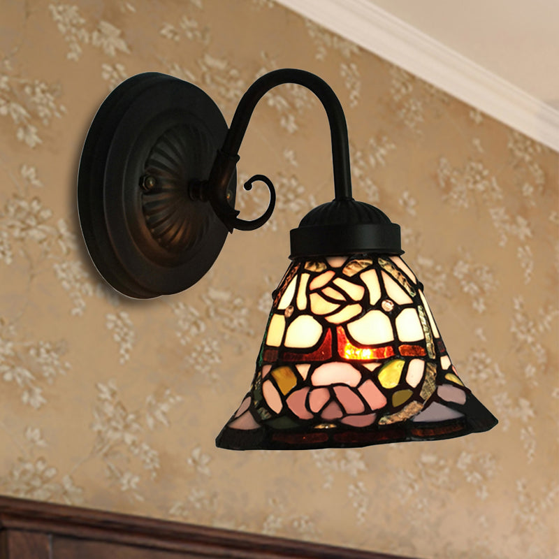 BowLift | 1 Head Flared Wall Light Victorian Black Multicolor Stained Glass Wall Mounted Lamp with Rose Pattern