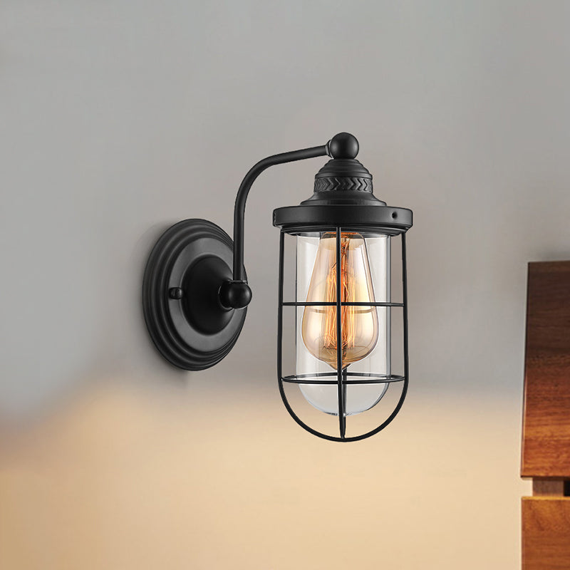BowLift | Industrial wire cage wall lighting 1/2-lamp clear glass wall lamp in black for stairs.