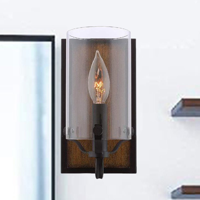 BowLift | 1 Bulb Cylinder Wall Mounted Light Industrial Brown Clear Glass Lighting with Wood Back Plate