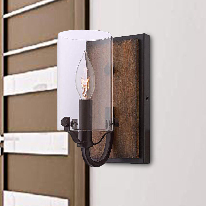 BowLift | 1 Bulb Cylinder Wall Mounted Light Industrial Brown Clear Glass Lighting with Wood Back Plate