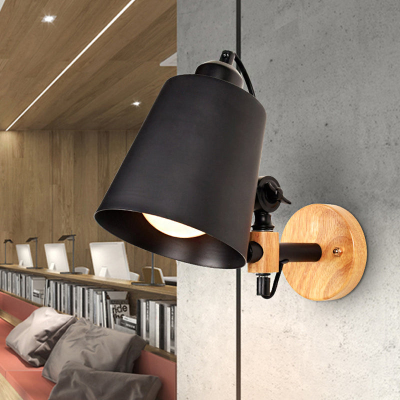 BowLift | Bucket Shade Metal Wall Lamp Modernism 1 Light Hallway Wall Mounted Light with Wooden Back Plate in Black/White