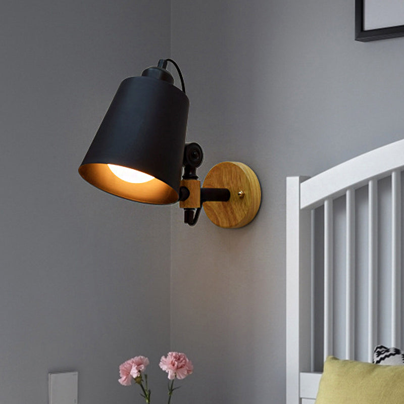 BowLift | Bucket Shade Metal Wall Lamp Modernism 1 Light Hallway Wall Mounted Light with Wooden Back Plate in Black/White