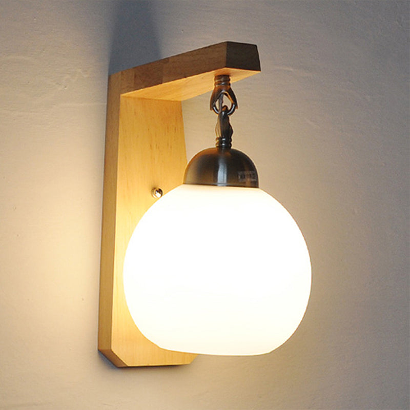 BowLift | Opal Glass Globe Shade Wall Lamp Industrial 1 Light Bedroom Lighting Fixture with Wooden Back Plate