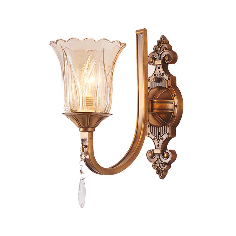 BowLift | Cognac Glass Flower Wall Mounted Light Vintage 1/2 Heads Brass Wall Light with Crystal Drops
