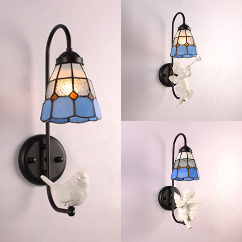 BowLift | 1 Head Shade Wall Light Mediterranean Blue Stained Glass Wall Mounted Lighting with Trumpet/Violin/Bird Decoration