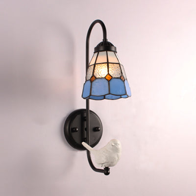 BowLift | 1 Head Shade Wall Light Mediterranean Blue Stained Glass Wall Mounted Lighting with Trumpet/Violin/Bird Decoration