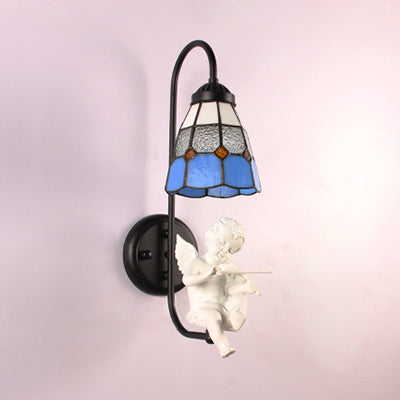 BowLift | 1 Head Shade Wall Light Mediterranean Blue Stained Glass Wall Mounted Lighting with Trumpet/Violin/Bird Decoration