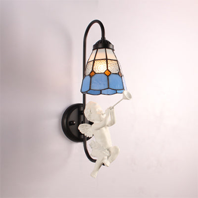 BowLift | 1 Head Shade Wall Light Mediterranean Blue Stained Glass Wall Mounted Lighting with Trumpet/Violin/Bird Decoration