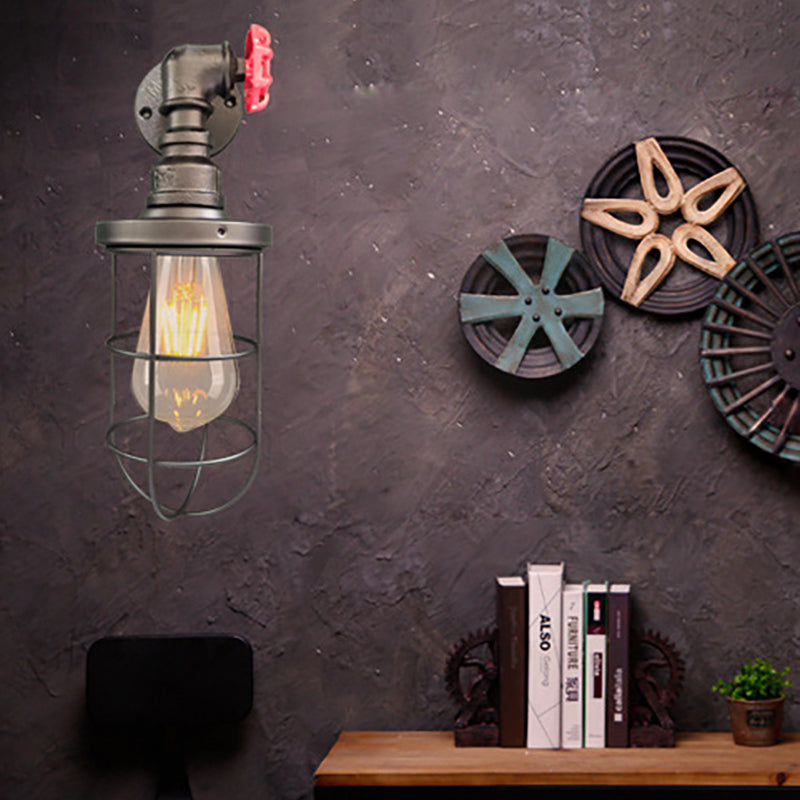 BowLift | Wire frame corridor wall lamp iron 1 head farmhouse wall lighting with red shade design in antique bronze/black