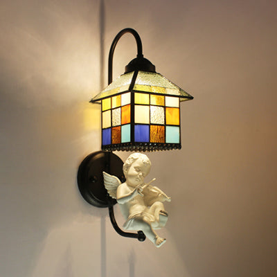 BowLift | House Stained Glass Wall Light Baroque 1 Head Black Wall Mounted Lamp with Boy/Bird/Angel Decoration
