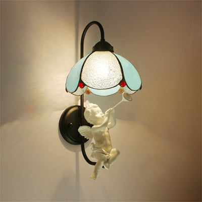 BowLift | Blue Petal Wall Lamp Tiffany 1 Head Stained Glass Wall Light with Bird/Trumpet/Mailing Decoration