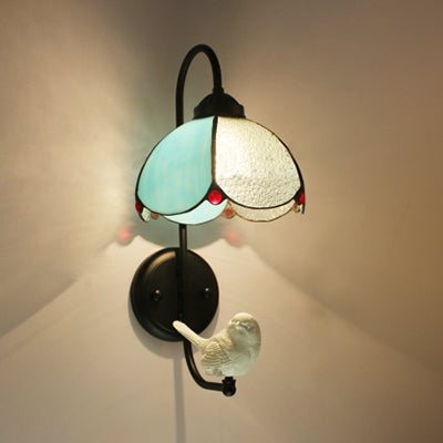 BowLift | Blue Petal Wall Lamp Tiffany 1 Head Stained Glass Wall Light with Bird/Trumpet/Mailing Decoration
