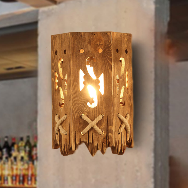 BowLift | Wood Cylinder Shade Wall Lamp Country Style 1 Head Brown Wall Light for Restaurant