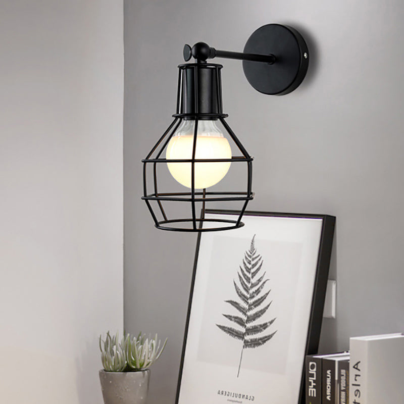 BowLift | Globe Bedroom Wall Light Lamp Metal 1 Head Industrial Style Rotatable Wall Lamp with Wire Guard in Black
