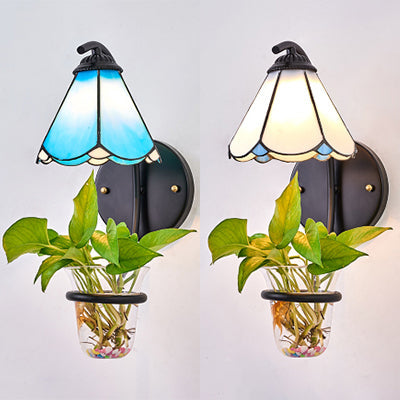 BowLift | 1 Heads Wall Mounted Lamp Tiffany Flower Blue/White Glass Wall Light with Plant Decoration