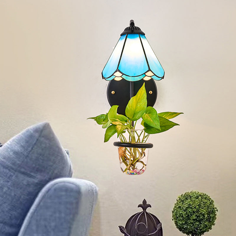 BowLift | 1 Heads Wall Mounted Lamp Tiffany Flower Blue/White Glass Wall Light with Plant Decoration