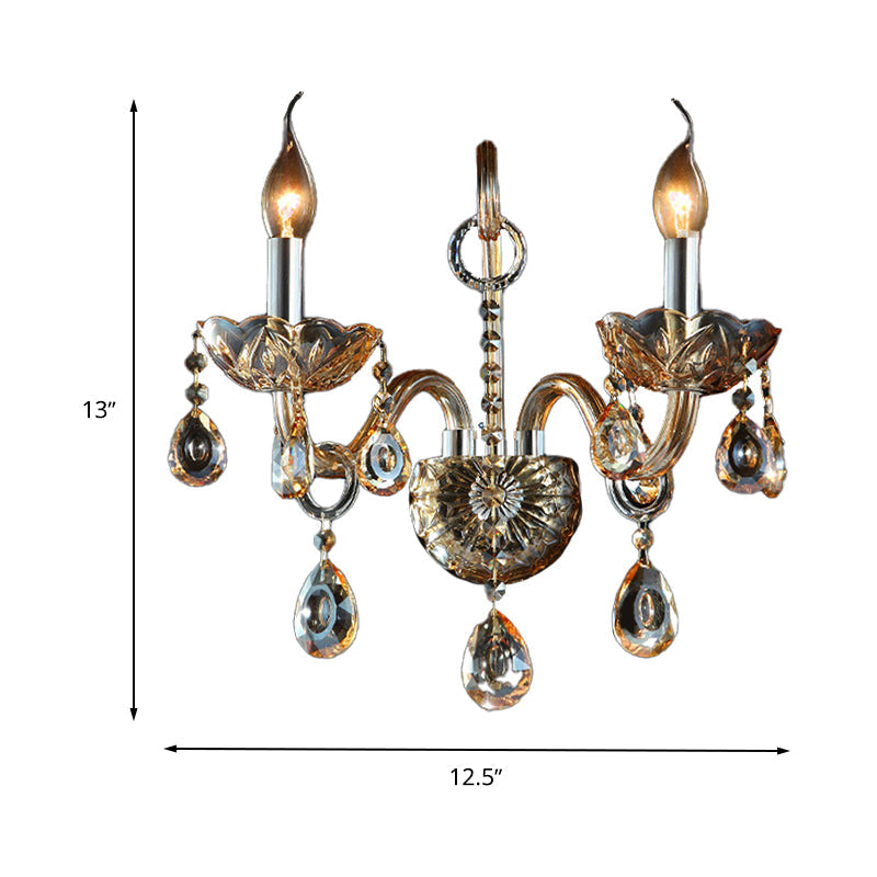 BowLift | Amber Glass Candle Holder Light Modernism 1/2 Heads Bedroom Wall Light Lamp with Crystal Drop Accent