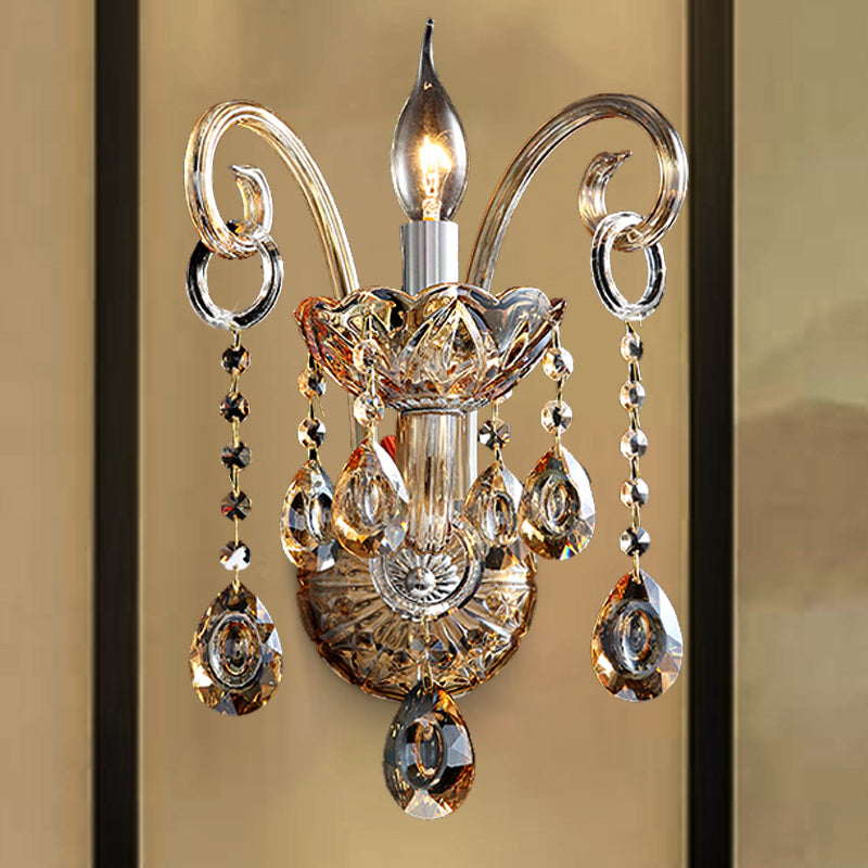 BowLift | Amber Glass Candle Holder Light Modernism 1/2 Heads Bedroom Wall Light Lamp with Crystal Drop Accent