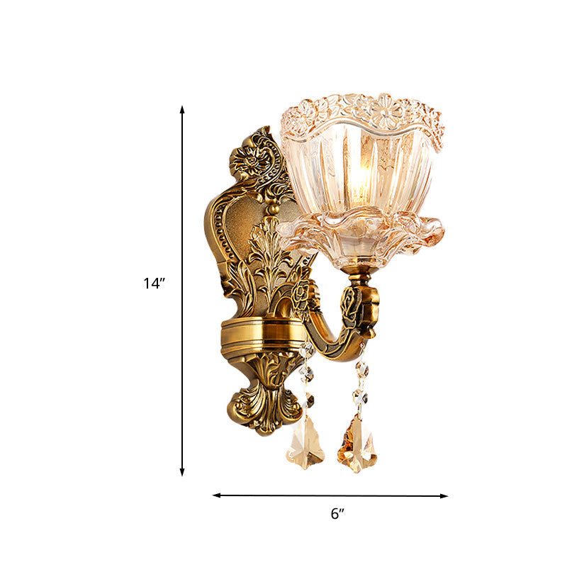 BowLift | Amber Glass Flower Wall Light Modern 1/2 Heads Brass Wall Lamp with K9 Crystal Drops