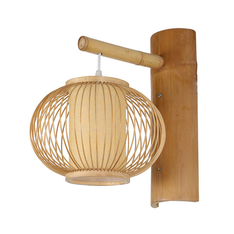 BowLift | Wood Pumpkin Wall Lamp contemporary bamboo 1-bulb wall light with inner cylinder parchment shade