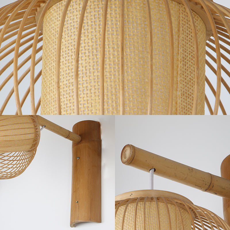 BowLift | Wood Pumpkin Wall Lamp contemporary bamboo 1-bulb wall light with inner cylinder parchment shade