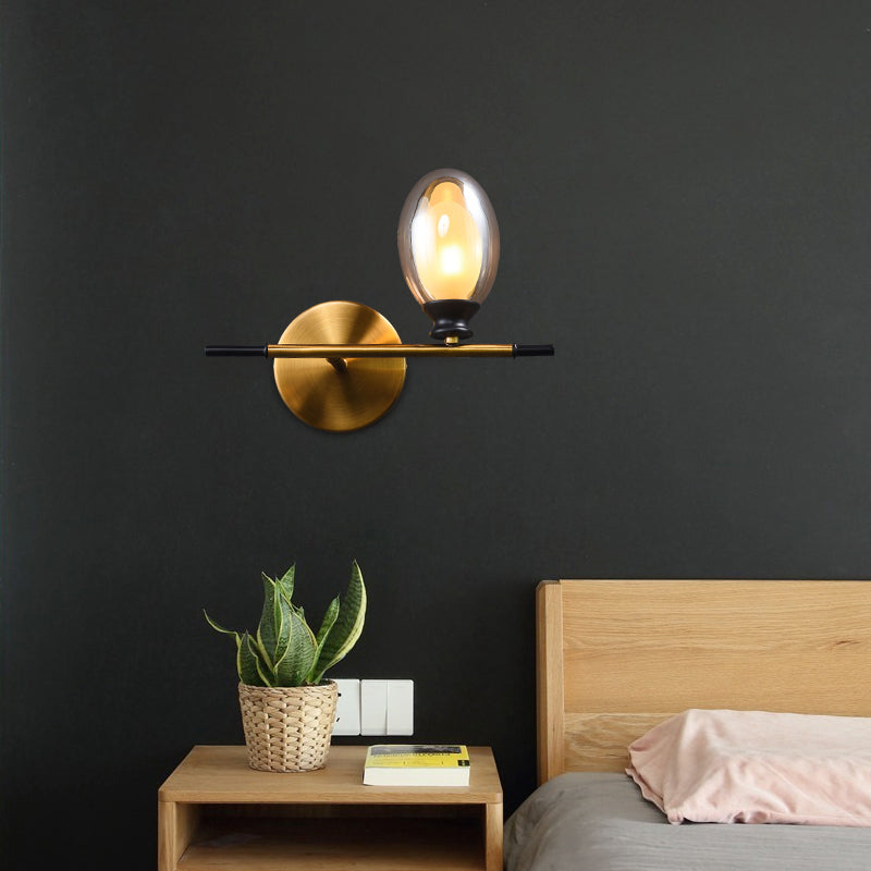 BowLift | Clear/Amber Glass Egg Shape Wall Light Minimalist 1 Light Brass Wall Lamp with Horizontal Arm