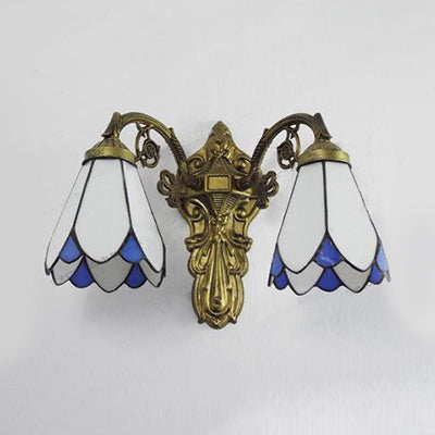BowLift | Stained Glass Wall Light with Curved Arm Tiffany Style Double Wall Lamp in Red/White/Blue for Bedroom Lighting