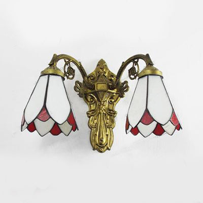 BowLift | Stained Glass Wall Light with Curved Arm Tiffany Style Double Wall Lamp in Red/White/Blue for Bedroom Lighting