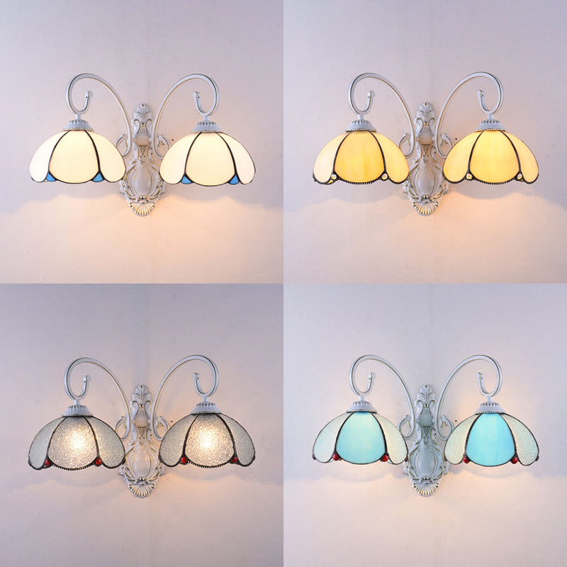 BowLift | Feathered Glass Wall Lamp with White Curved Arm 2 Lights Traditional Wall Lamp in White/Clear/Blue/Beige