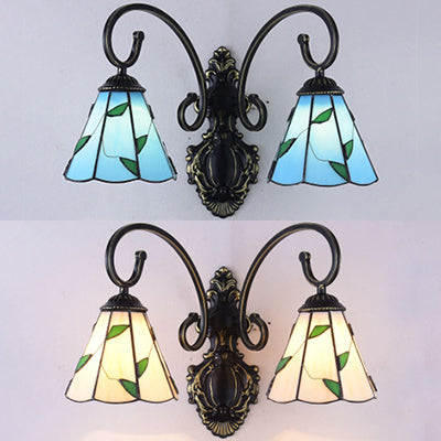 BowLift | Stained Glass Leaf Wall Lamp Rustic Style 2 Lights Wall Mount Lamp in Blue/Beige for Dining Room