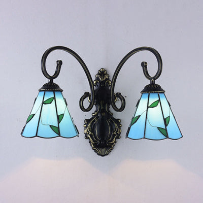 BowLift | Stained Glass Leaf Wall Lamp Rustic Style 2 Lights Wall Mount Lamp in Blue/Beige for Dining Room