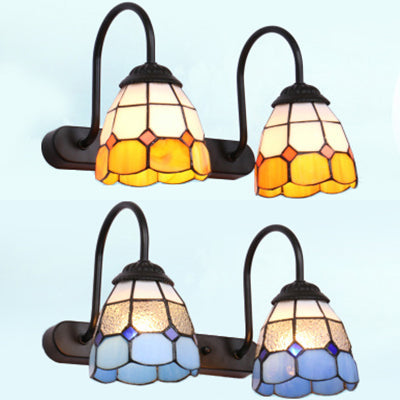 BowLift | 2 Heads Grid Pattern Vanity Lighting Baroque Blue/Yellow Glass Wall Mount Lights